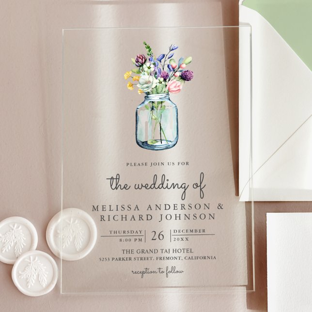 Invitations En Acrylique Mariage dans un pot Mason de fleurs sauvages (Créateur téléchargé)