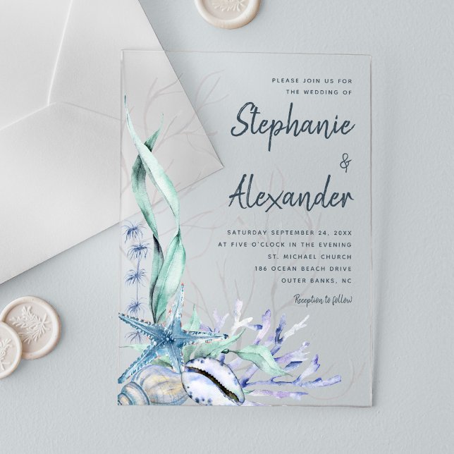 Invitations En Acrylique Mariage d'aquarelle bleu de plage moderne (Créateur téléchargé)