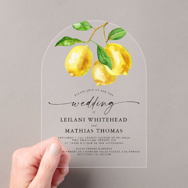 Invitations En Acrylique Mariage d'aquarelle Citrus citron (In situ (ordinateur de poche))