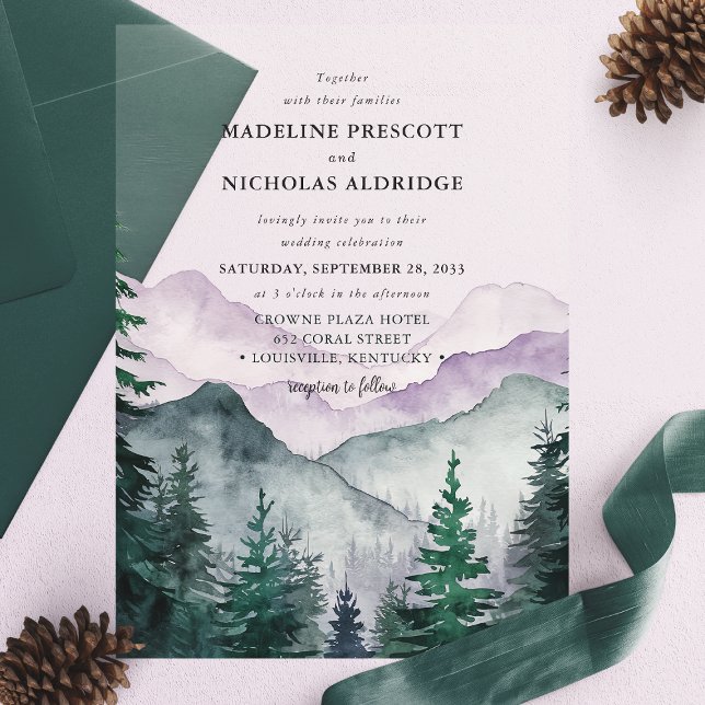 Invitations En Acrylique Mariage d'aquarelle de la forêt de Misty Mountain (Créateur téléchargé)
