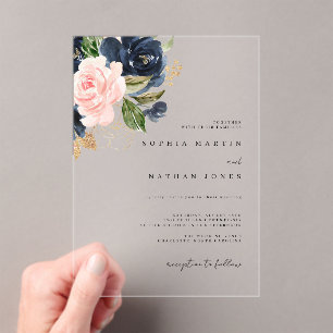 Invitations En Acrylique Mariage d'aquarelle en or Blush Navy