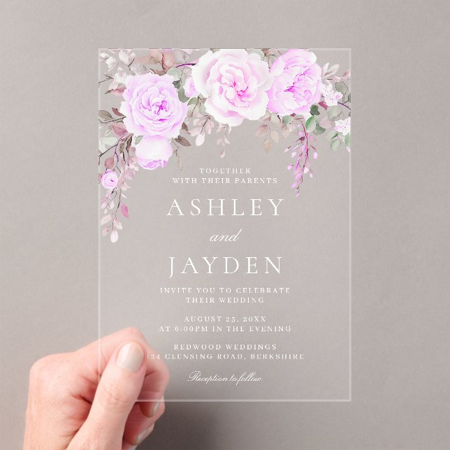 Invitations En Acrylique Mariage d'aquarelle florale pourpre (In situ (ordinateur de poche))