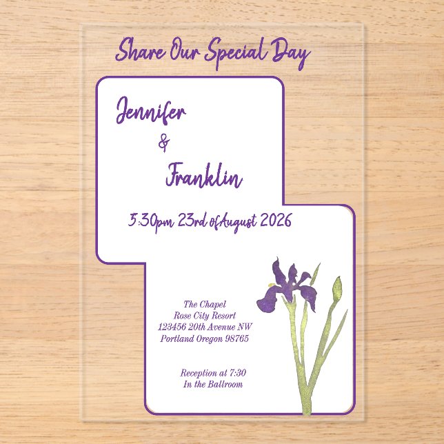 Invitations En Acrylique Mariage d'aquarelle Iris violet (Recto)