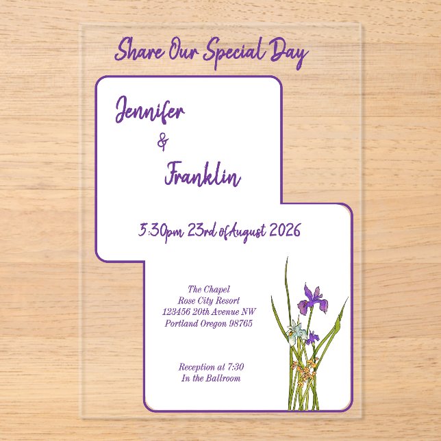 Invitations En Acrylique Mariage d'aquarelle Iris violet (Recto)