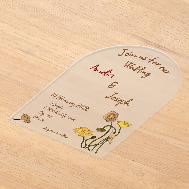 Invitations En Acrylique Mariage d'aquarelle simple Pastel Minimal Poppy (Poser)