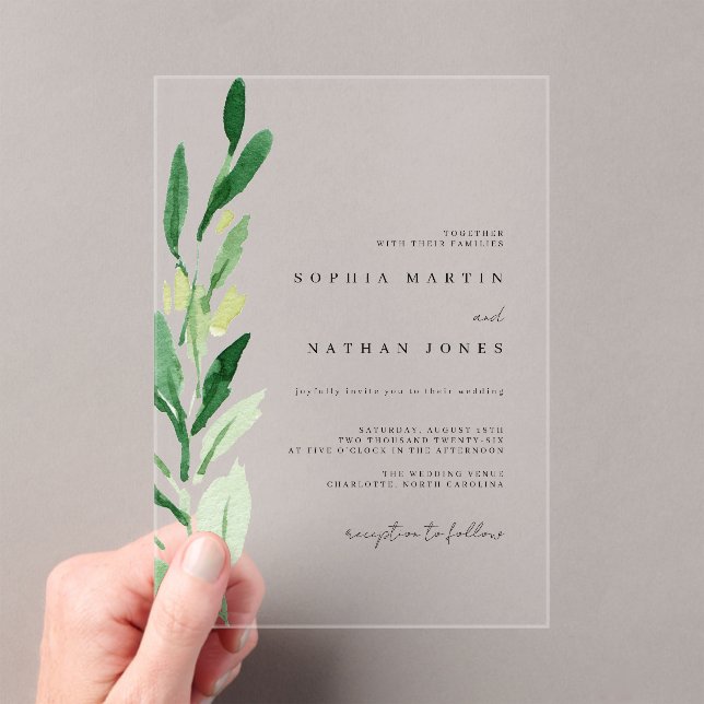 Invitations En Acrylique Mariage d'aquarelle verte minimale (In situ (ordinateur de poche))