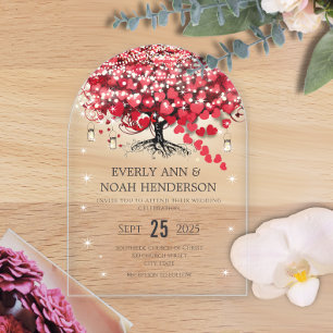 Invitations En Acrylique Mariage d'arbre de feuilles de coeur rouge enchant