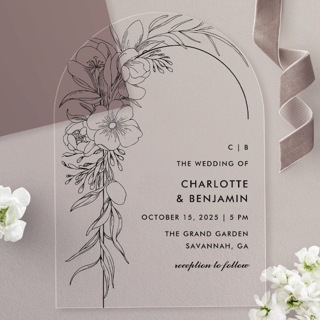 Invitations En Acrylique Mariage d'arc de bouquet floral noir (Créateur téléchargé)