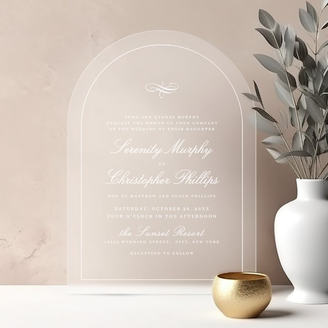 Invitations En Acrylique Mariage d'arc de script d'élégance classique simpl (Simple Classic Elegance Script Arch Wedding Acrylic Invitations)