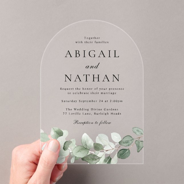 Invitations En Acrylique Mariage d'arc Feuille vert moderne (In situ (ordinateur de poche))