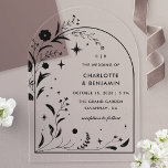 Invitations En Acrylique Mariage d'arche de nuit noire Floral<br><div class="desc">Élevez vos invitations de mariage avec ces motifs acryliques à arche noire florale étoilée. Dotée d'un magnifique mélange de fleurs botaniques et de détails d'étoiles célestes, cette élégante invitation est parfaite pour des fêtes mariages ou célestes en soirée. Conçu sur de l'acrylique de haute qualité, l'arche design offre une touche...</div>