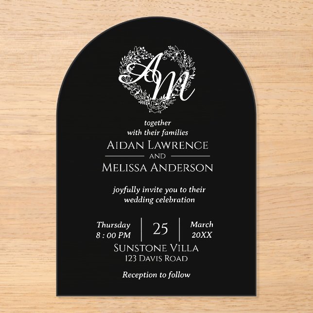 Invitations En Acrylique Mariage d'arche noir et blanc simple (Recto)