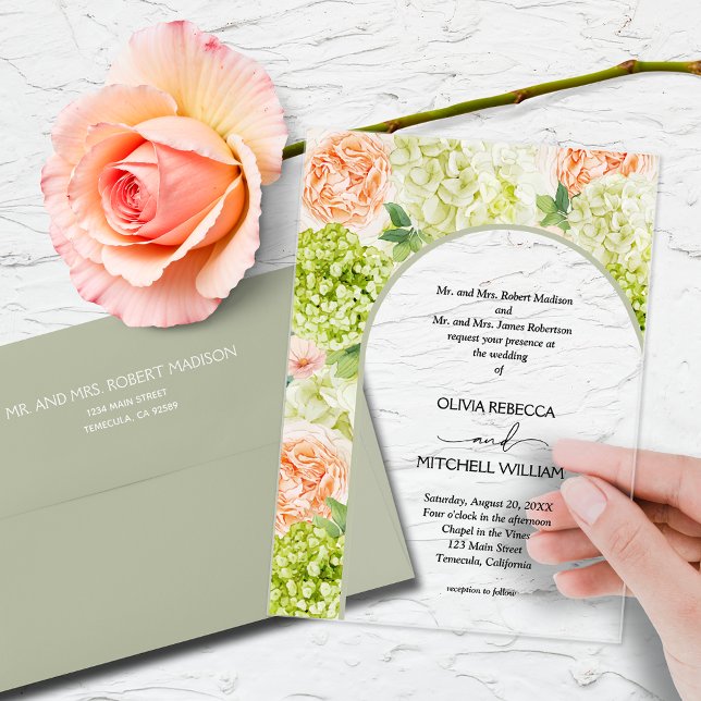 Invitations En Acrylique Mariage d'arche vert Sage Fleurs Chic (Watercolor flowers with a sage green arch on CLEAR or FROSTED acrylic wedding invitations)