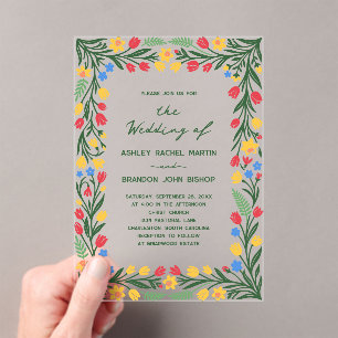 Invitations En Acrylique Mariage d'Art Populaire de Fleur Sauvage Colorée S