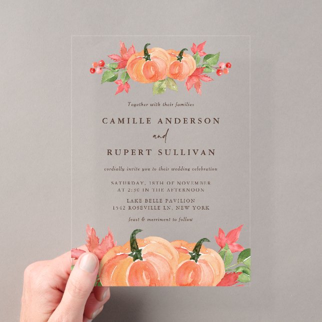 Invitations En Acrylique Mariage d'automne aux citrouilles aquarelles (In situ (ordinateur de poche))