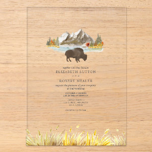 Invitations En Acrylique Mariage de bison de Buffalo Aquarelle Montagnes Au