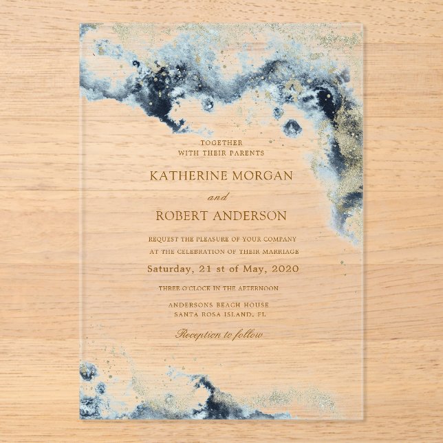 Invitations En Acrylique Mariage de budget côtier aquarelle (Recto)