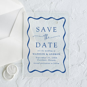 Invitations En Acrylique Mariage de cadre bleu moderne Wavy Enregistrer la