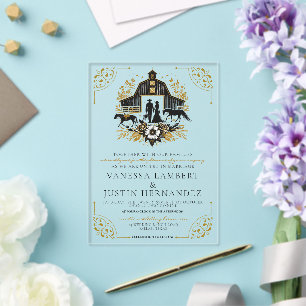 Invitations En Acrylique Mariage de campagne noir et or