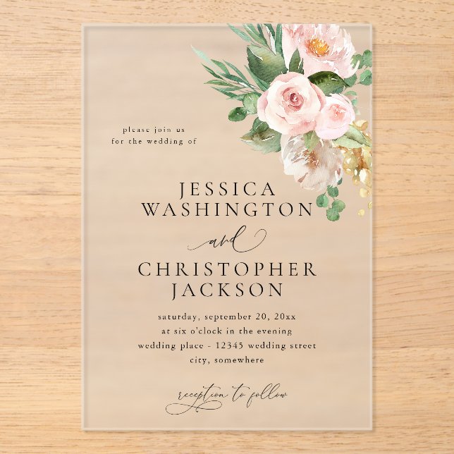 Invitations En Acrylique Mariage de champagne et rose (Recto)