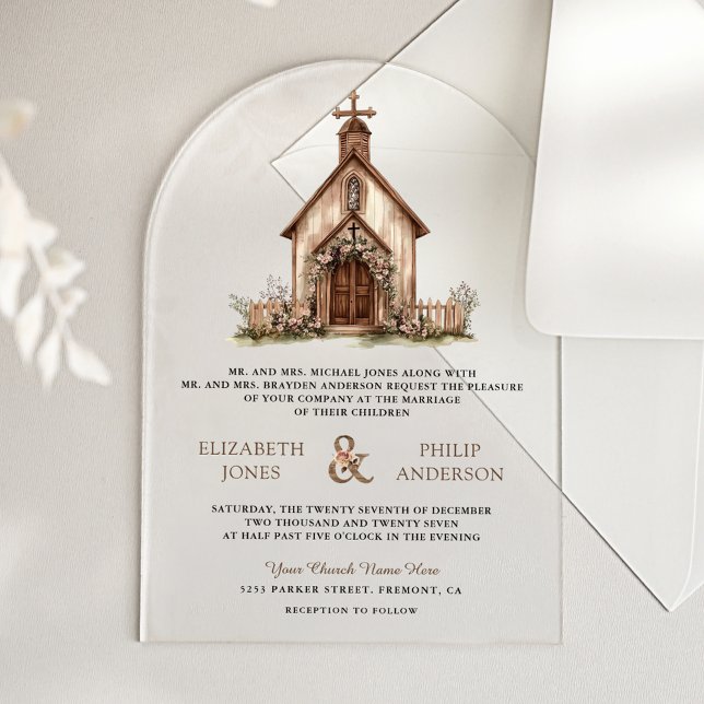 Invitations En Acrylique Mariage de chapelle occidentale en bois rustique (Créateur téléchargé)