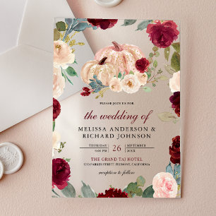 Invitations En Acrylique Mariage de citrouille florale Bourgogne et pêche