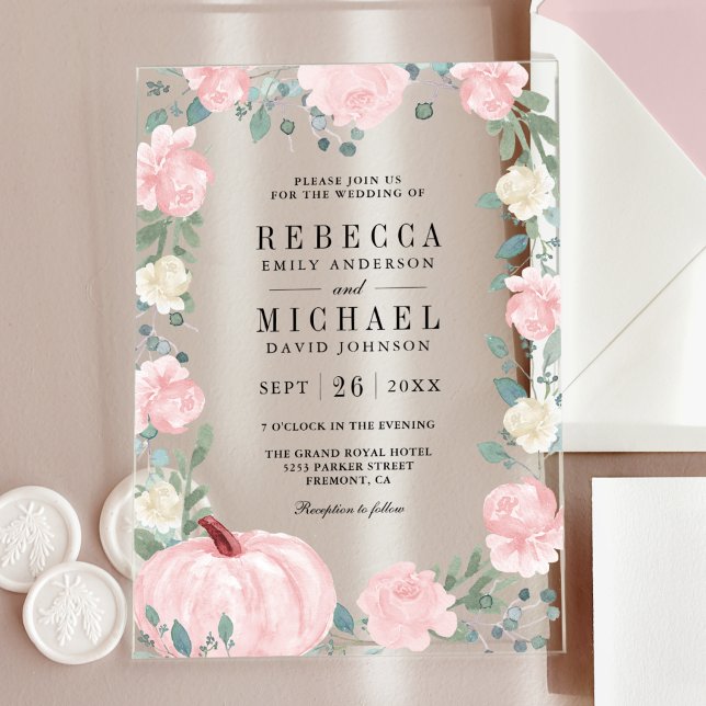 Invitations En Acrylique Mariage de citrouille florale rose blush rustique (Créateur téléchargé)