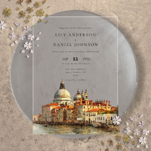 Invitations En Acrylique Mariage de destination aquarelle sur la skyline de
