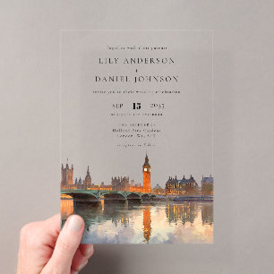 Invitations En Acrylique Mariage de destination aquarelle sur la skyline de