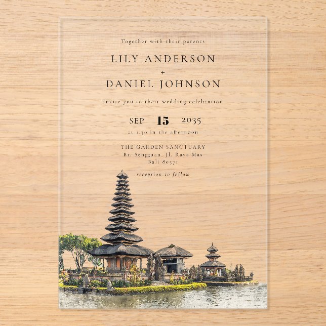 Invitations En Acrylique Mariage de destination au temple de Bali à l'aquar (Recto)