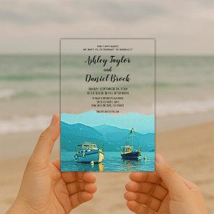 Invitations En Acrylique Mariage de destination côtier avec bateaux de mari