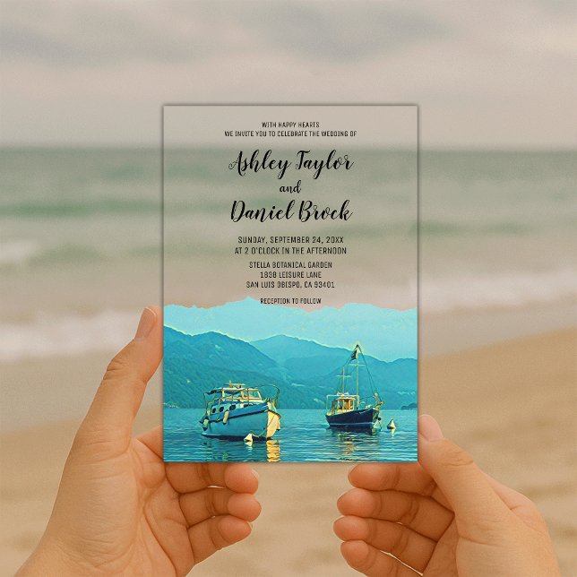 Invitations En Acrylique Mariage de destination côtier avec bateaux de mari (Créateur téléchargé)