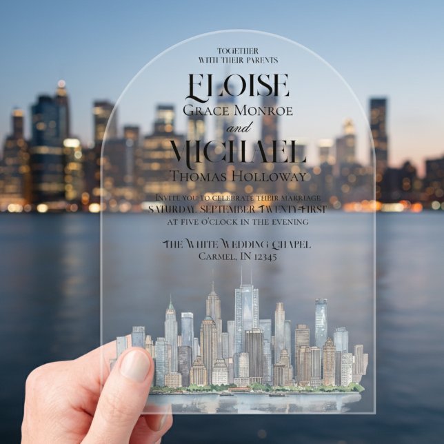 Invitations En Acrylique Mariage de Destination de la ville moderne à l'aqu (Invite guest to your scenic wedding day with this Modern Watercolor City Skyline Destination Invite!)