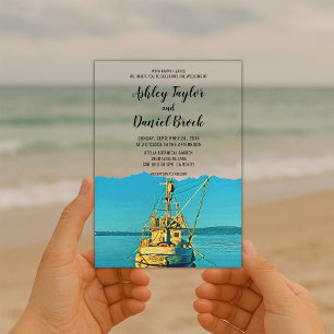 Invitations En Acrylique Mariage de destination sur la plage avec bateau cô