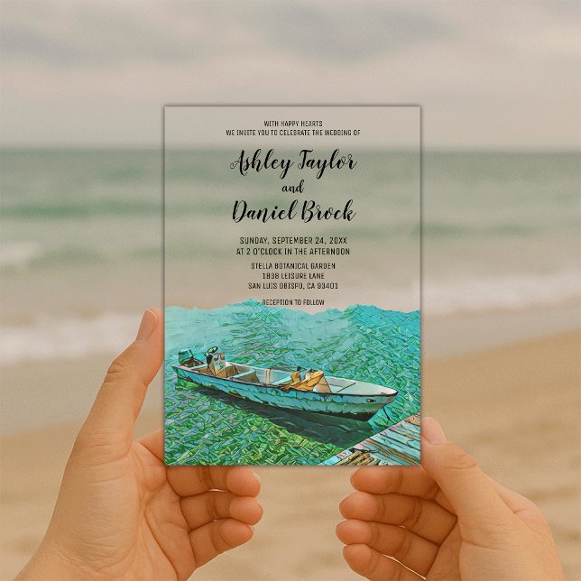 Invitations En Acrylique Mariage de destination sur la plage avec bateau cô (Créateur téléchargé)