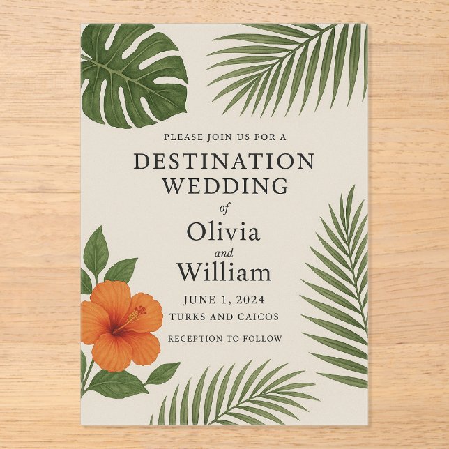 Invitations En Acrylique Mariage de destination tropicale (Recto)