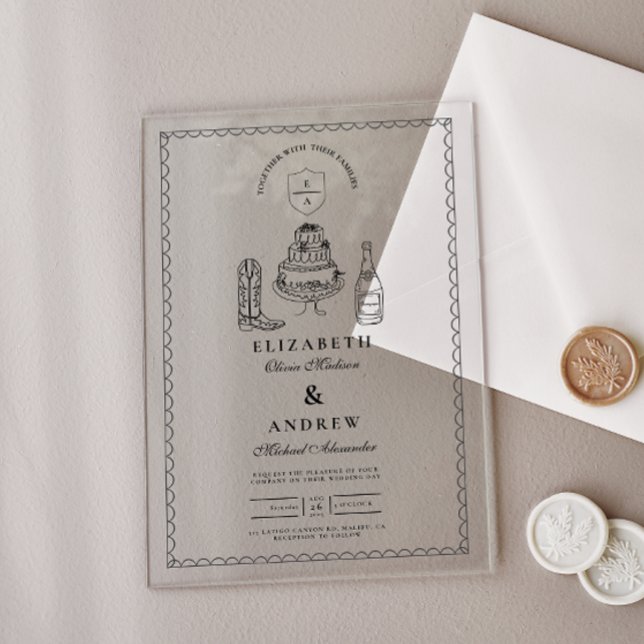 Invitations En Acrylique Mariage de doodle occidental à main blanche noire (Créateur téléchargé)