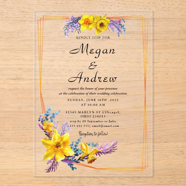 Invitations En Acrylique mariage de feuillage d'automne des fleurs d'or (Recto)