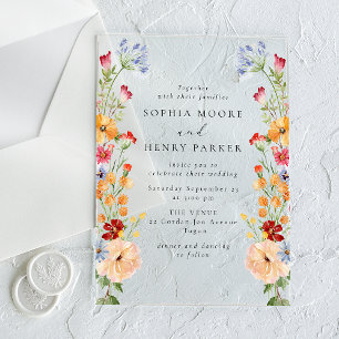Invitations En Acrylique Mariage de fleurs sauvages audacieuses colorées