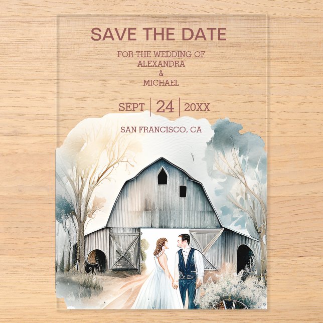 Invitations En Acrylique Mariage de grange rustique à l'aquarelle (Recto)