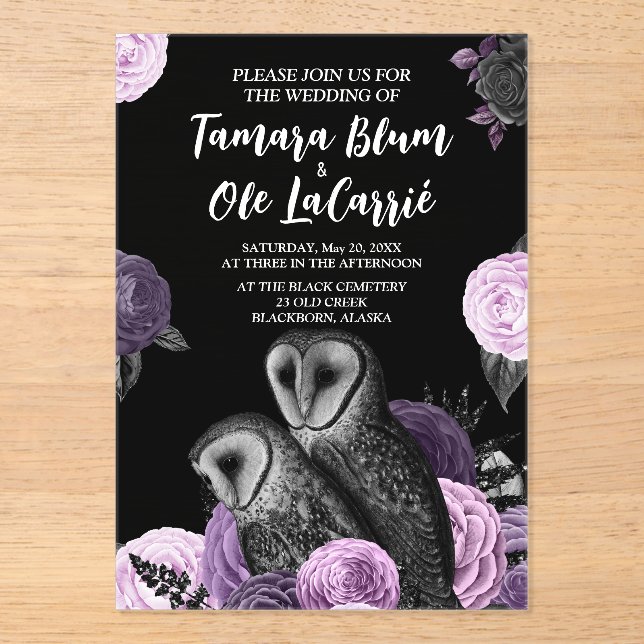 Invitations En Acrylique Mariage de hiboux gothiques (Recto)