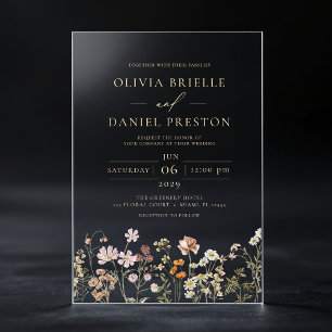 Invitations En Acrylique Mariage de jardin de fleurs sauvages boho or