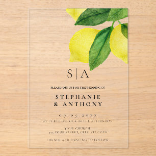 Invitations En Acrylique Mariage de la succursale de citrus Monogram Lemon 