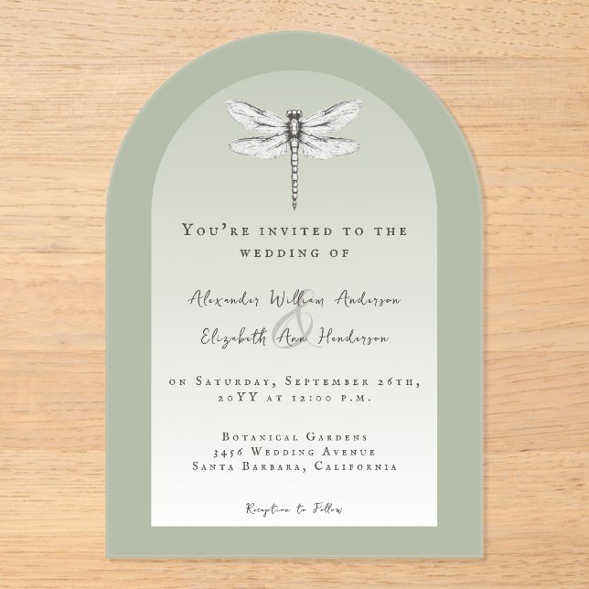 Invitations En Acrylique Mariage de libellules de Sage Green (Recto)