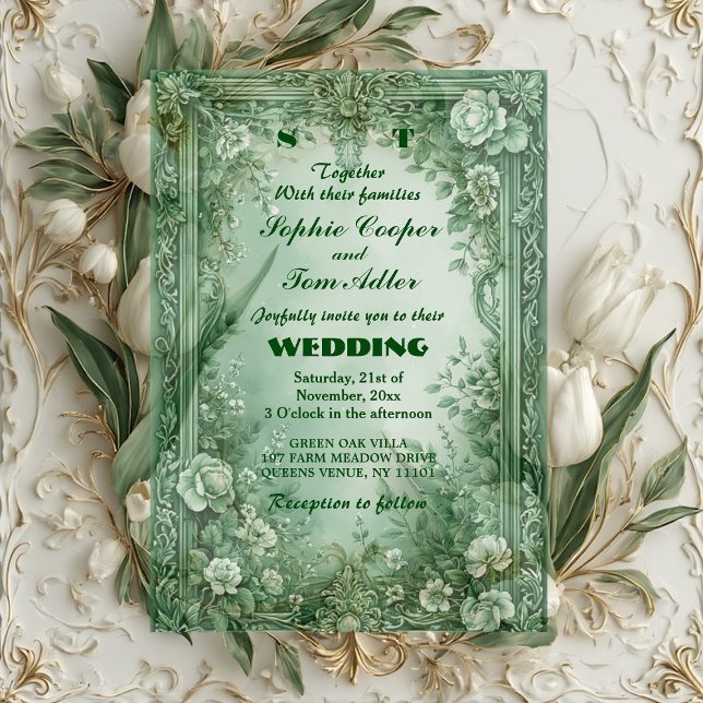 Invitations En Acrylique Mariage de luxe baroque au jardin rococo vert (Green Rococo Garden Grand Baroque Opulence Wedding Acrylic Invitations)