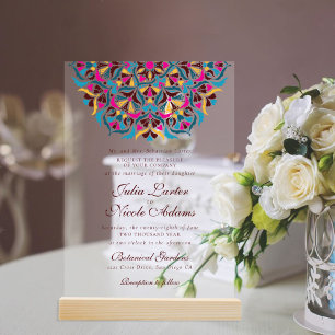 Invitations En Acrylique Mariage de mandala floral fantaisiste bleu magenta
