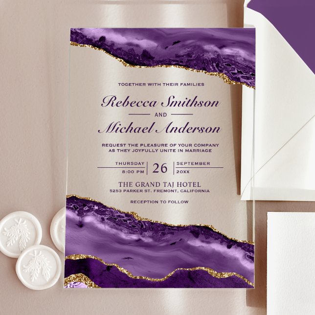 Invitations En Acrylique Mariage de marbre d'agate violet et or (Créateur téléchargé)