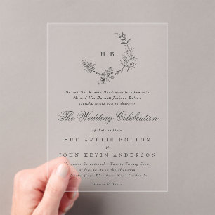 Invitations En Acrylique Mariage de monogramme à couronne florale classique