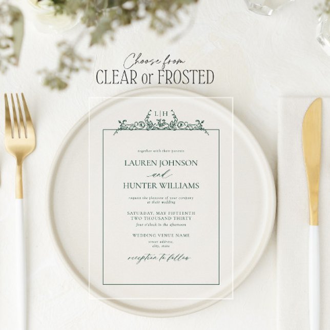 Invitations En Acrylique Mariage de monogramme à la frontière fleurie Emera (Créateur téléchargé)