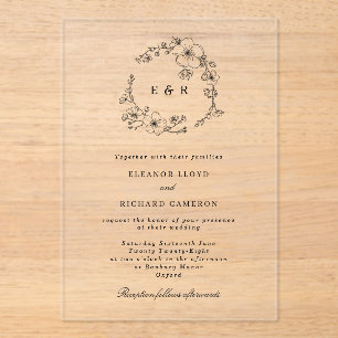 Invitations En Acrylique Mariage de monogramme de couronne de fleurs noires